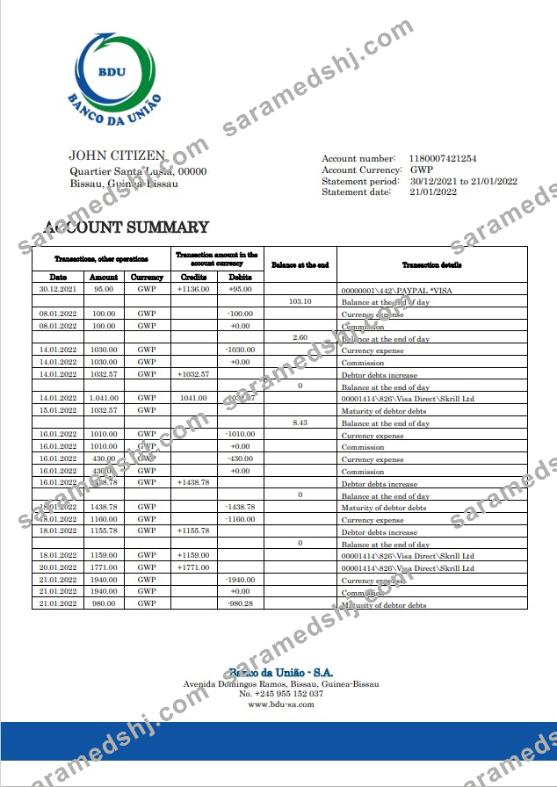 Guinea-Bissau Banco da Uniao bank statement